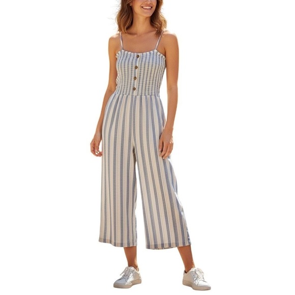 Love Tree Pants - Love Tree Striped Wide Leg Jumpsuit Large Blue White Linen Blend Smocked Coastal